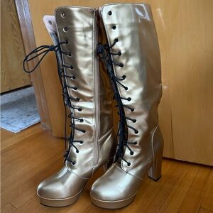Gold Lace-Up Knee-High Boots